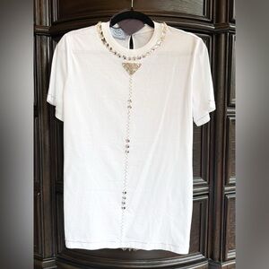 Prada White Loose Fit Short Sleeve Shirt with Silver and Rhinestone Detailing